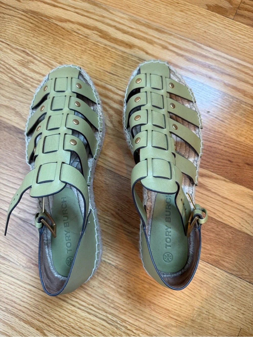 Tory Burch Olive Green Braided Espadrille Wedge Sandals